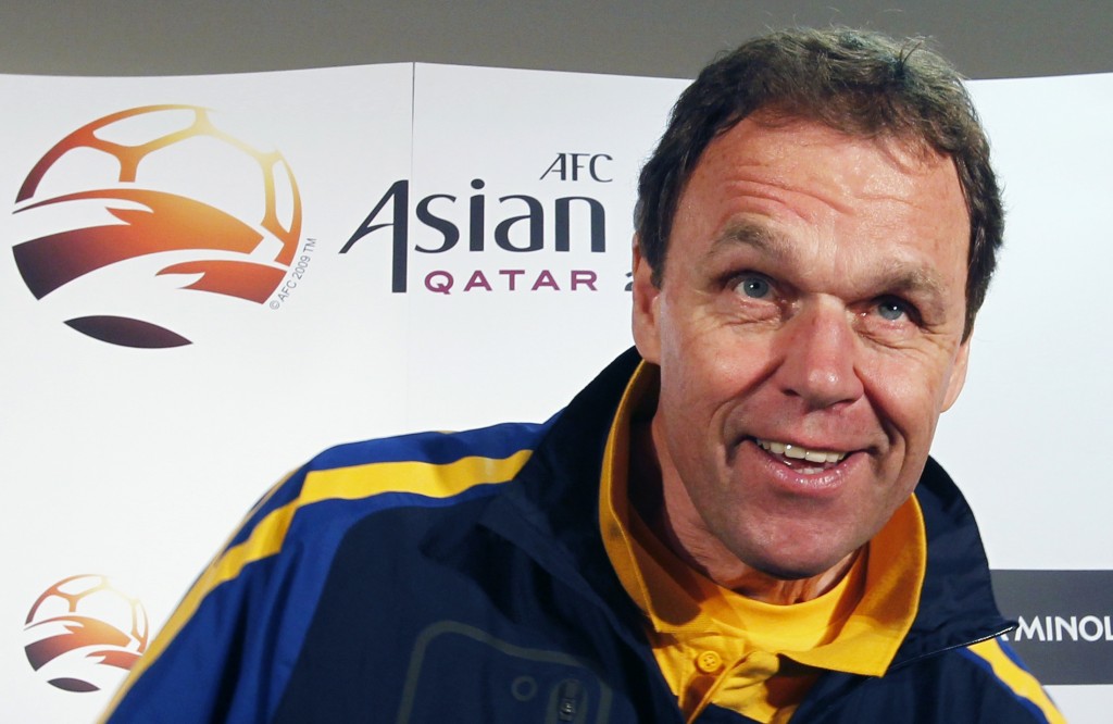 Australia's national soccer team head coach Osieck of Germany attends a pre-match news conference for the Asian Cup soccer tournament in Doha