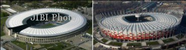 File photos of (L) the Olympic stadium in Berlin May 2, 2006, and (R) Poland's National Stadium in Warsaw November 29, 2011. Berlin will stage the Champions League final for the first time in 2015 and Warsaw will be the venue for the Europa League final, UEFA said May 23, 2013. REUTERS/Staff/Files (GERMANY/POLAND - Tags: CITYSPACE SPORT SOCCER)