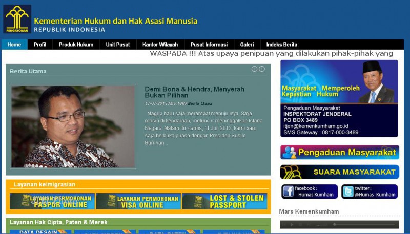 Tampilan website milik Kementerian Hukum dan Hak Asasi Manusia (kemenkumham.go.id)