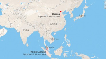 Peta perjalanan pesawat Malaysia Airlines MH 370 yang hilang, Sabtu (8/3/2014). (Istimewa/CNN)
