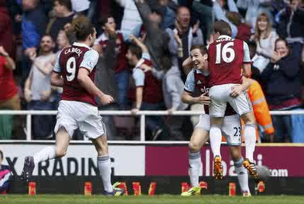westham.jpg Stewart Downing (2 dari kanan) pamain West Ham merayakan gol ke Hotspur. JIBI/Reuters/Stefan Wermuth