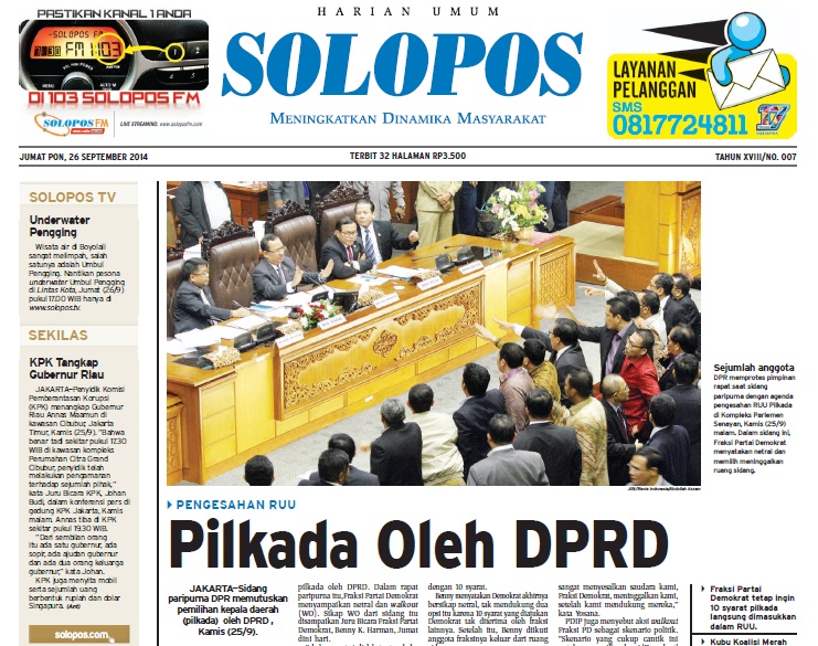Halaman Depan Harian Umum Solopos Edisi Jumat 26 September 2014 Halaman Depan Harian Umum Solopos Edisi Jumat 26 September 2014