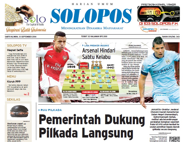 Halaman Depan Harian Umum Solopos Edisi Sabtu 13 September 2014 Halaman Depan Harian Umum Solopos Edisi Sabtu 13 September 2014