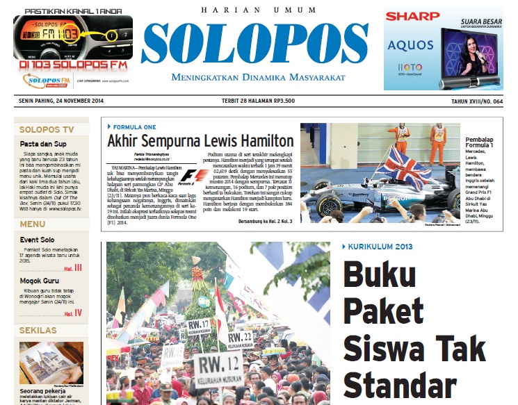 Halaman Depan Harian Umum Solopos Edisi Senin 24 November 2014 Halaman Depan Harian Umum Solopos Edisi Senin 24 November 2014