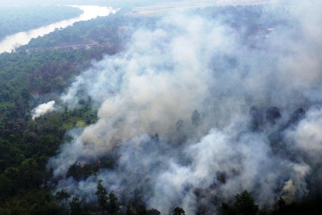 Foto udara kebakaran lahan di kawasan Kabupaten Banyuasin, Sumsel, Selasa (20/10/2015). Berdasar pantauan satelit Badan Meteorologi Klimatologi dan Geofisika menemukan 654 titik panas berada di Sumatra Selatan. (JIBI/Solopos/Antara/Nova Wahyudi)