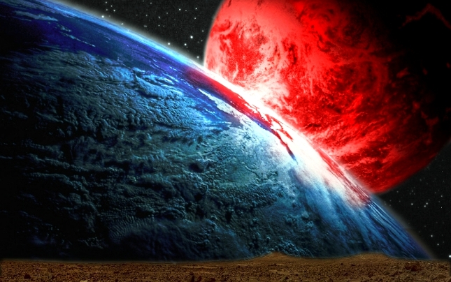 Ilustrasi Planet Nibiru dan Bumi. (Istimewa)