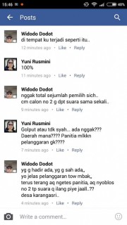 Foto hasil screenshot membahas pelanggarab proses pemungutan suara dalam Pilkada 2015 yang diunggan pengguna akun Facebook Yuni Rusmini di grup Facebook Ngawi Bergerak: Forum Masyarakat Berani, Kritis, Jujur, Cerdas, Bermartabat, Rabu (9/12/2015). (Facebook-Yuni Rusmini)