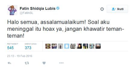 Konfirmasi berita meninggal Fatin (Twitter)