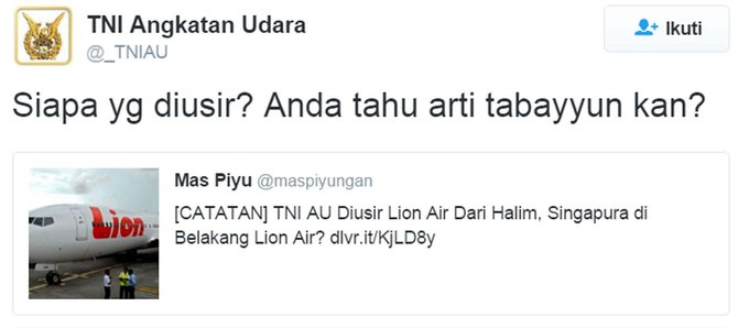 Cuitan TNI AU tanggapi artikel di blog Portal Piyungan. (Istimewa/Twitter)
