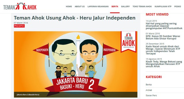 Situs Teman Ahok mulai memasang gambar pasangan Ahok-Heru yang akan diusung melalui jalur independen. (Istimewa/Teman Ahok)