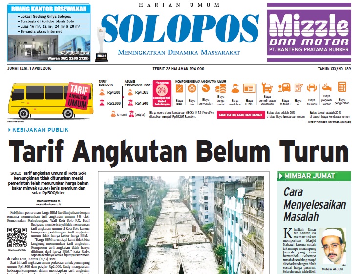 Halaman Depan Harian Umum Solopos edisi Jumat, 1 April 2016
