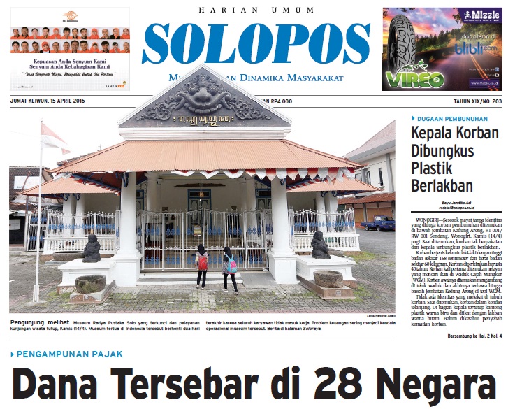 Halaman Depan Harian Umum Solopos edisi Jumat, 15 April 2016