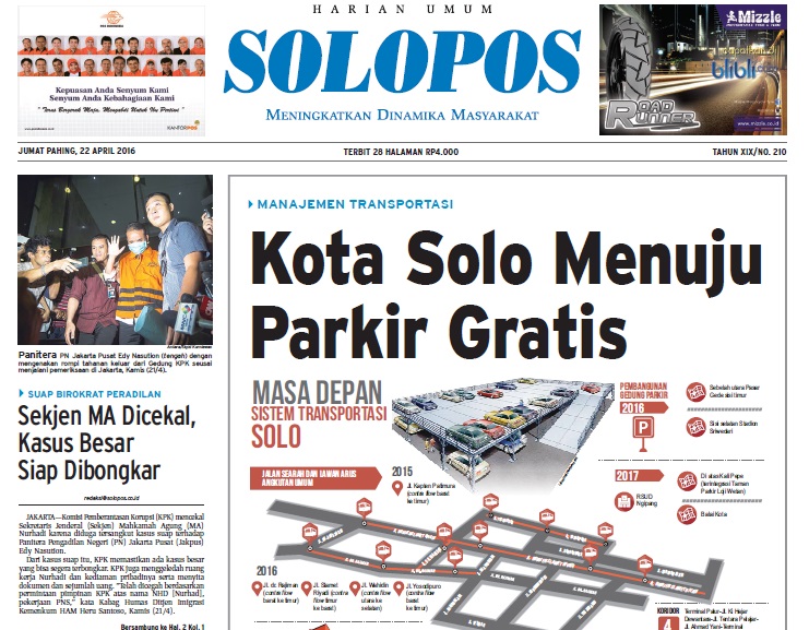 Halaman Depan Harian Umum Solopos edisi Jumat, 22 April 2016