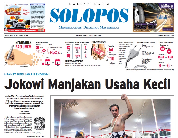 Halaman Depan Harian Umum Solopos edisi Jumat, 29 April 2016