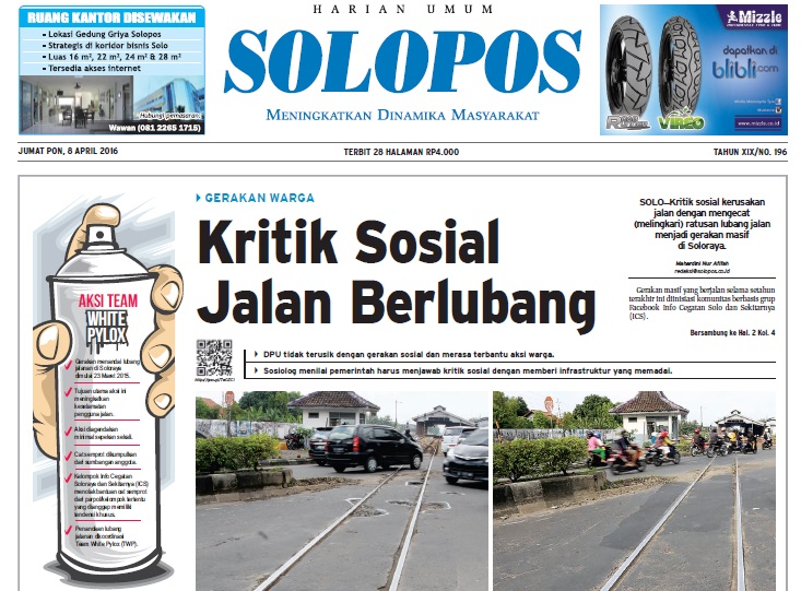 Halaman Depan Harian Umum Solopos edisi Jumat, 8 April 2016