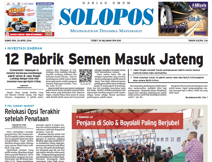 Halaman Depan Harian Umum Solopos edisi Kamis, 28 April 2016