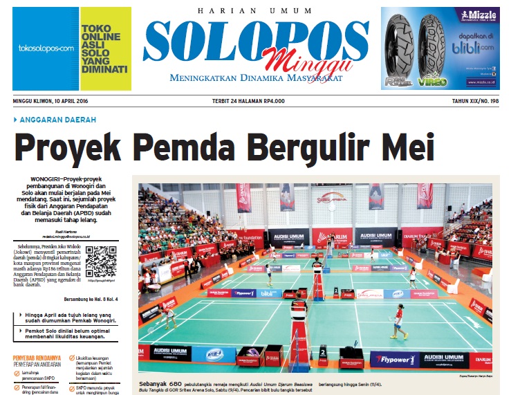 Halaman Depan Harian Umum Solopos edisi Minggu, 10 April 2016