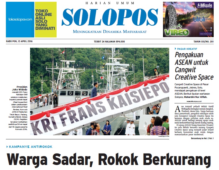 Halaman Depan Harian Umum Solopos edisi Rabu, 13 April 2016