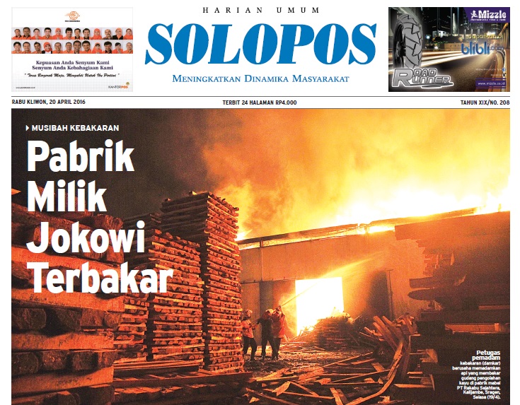 Halaman Depan Harian Umum Solopos edisi Rabu, 20 April 2016