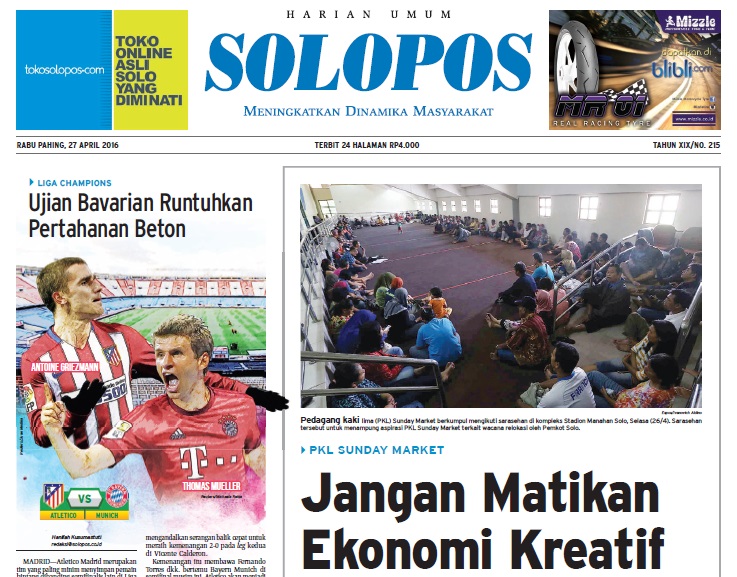 Halaman Depan Harian Umum Solopos edisi Rabu, 27 April 2016