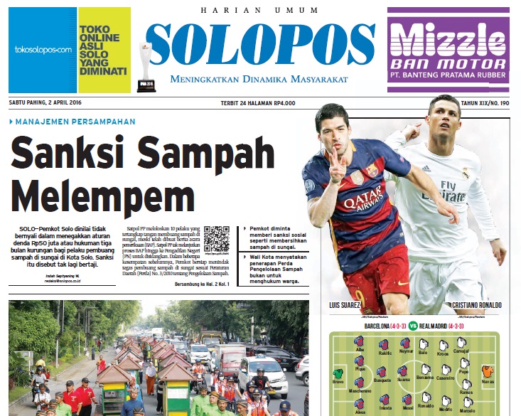 Halaman Depan Harian Umum Solopos edisi Sabtu, 2 April 2015