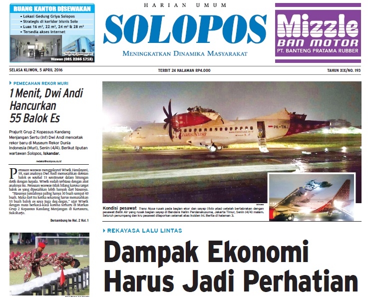 Halaman Depan Harian Umum Solopos edisi Selaa, 5 April 2016