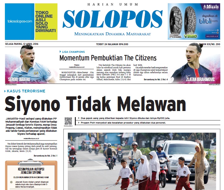 Halaman Depan Harian Umum Solopos edisi Selasa, 12 April 2016