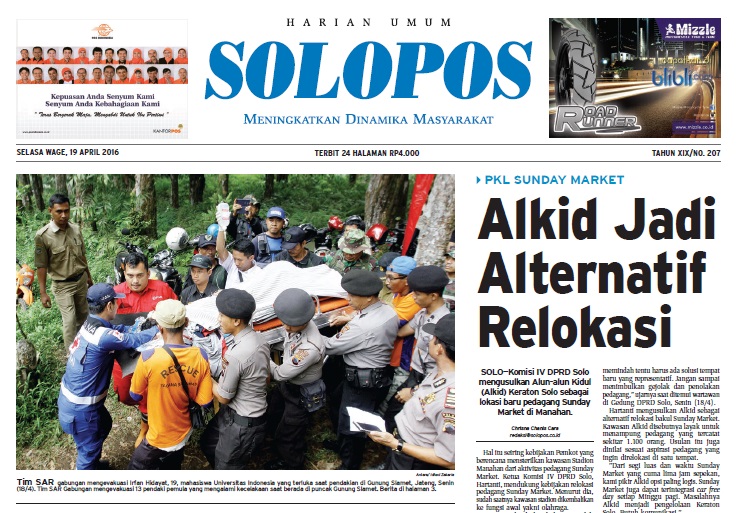 Halaman Depan Harian Umum Solopos edisi Selasa, 19 April 2016