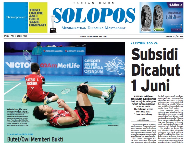 Halaman Depan Harian Umum Solopos edisi Senin, 11 April 2016
