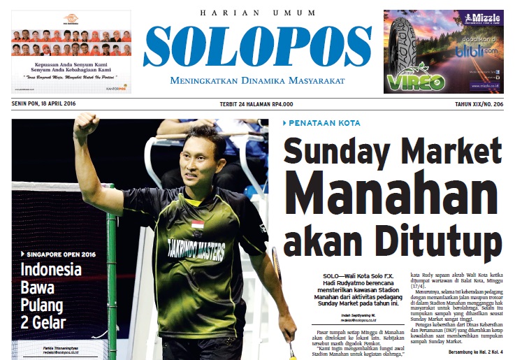 Halaman Depan Harian Umum Solopos edisi Senin, 18 April 2016