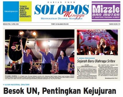 Halaman Depan Harian Umum Solopos edisi Minggi, 3 April 2016