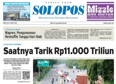 Halaman Depan Harian Umum Solopos edisi Rabu, 6 April 2016