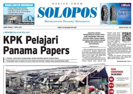Halaman Depan Harian Umum Solopos edisi Kamis, 7 April 2016