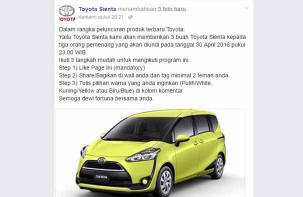 Undian berhadiah Toyota Sienta. (Facebook