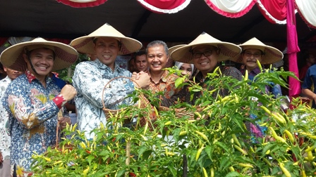 Kepala Perwakilan BI Solo, Bandoe Widiarto (dua kanan bercaping), bersama Bupati Wonogiri, Joko Sutopo (dua dari kiri bercaping) dan Deputi Kepala Perwakilan BI Solo, Taufik Amrozy (kiri bercaping) memanen cabai di klaster cabai Ngroto, Kismantoro, Wonogiri. Klaster ini diharapkan mampu mengembangkan usaha dan kesejahteraan masyarakat serta menekan inflasi yang disebabkan harga cabai. (Asiska Riviyastuti/JIBI/Solopos)