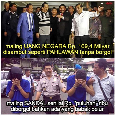 Foto penangkapan Samadikun Hartono dibandingkan dengan foto penangkapan pencuri yang diborgol. (Facebook-Paguma)