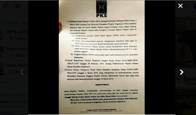 Surat yang beredar di media sosial tentang pemberhentian Fahri Hamzah sebagai anggota PKS. (Istimewa/Twitter)