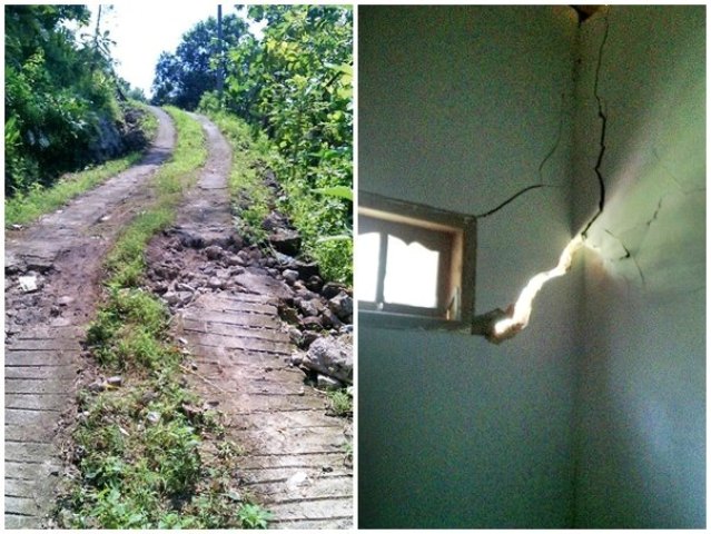 Kondisi jalan dan rumah di Dukuh Krajan, Desa Tugurejo, Kecamatan Slahung, Ponorogo, yang retak-retak akibat tanah bergerak. (Istimewa)