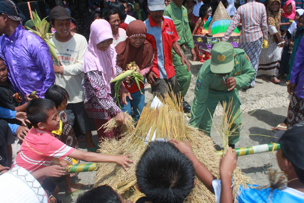 Warga berebutan mengambil hasil bumi yang disajikan lewat gunungan dalam tradisi wiwitan yang dilaksanakan di Dusun Geden, Desa Sidorejo, Lendah, Kulonprogo pada Minggu (17/4/2016). (Sekar Langit Nariswari/JIBI/Harian Jogja)