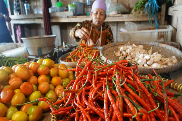Wasirah, pedagang Pasar Wates terpaksa mengurangi jumlah cabai dagangannya akibat pasokan menipis dan harga melambung tinggi. Kini, ia hanya menyediakan 5 kilogram tiap jenis cabai per hari, Senin(19/12/2016). (Sekar Langit Nariswari/JIBI/Harian Jogja) Harian Jogja/ Sekar Langit Nariswari