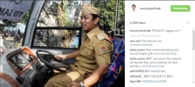 Wali Kota Semarang Hendrar Prihadi mengunggah foto dirinya sedang menaiki sebuah bus ke akun Instagramnya dengan caption "Om Telolet Om", Rabu (21/12/2016). (Instagram.com-@hendrarprihadi)