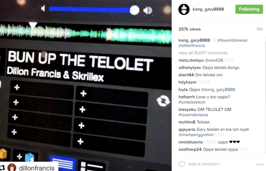 Kang Gary memamerkan video Dillon Francis "Burn Up The Telolet." (Istimewa/Instagram)