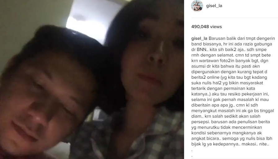 Klarifikasi Gisel terkait razia gabungan Kamis (29/12/2016) dinihari WIB. (Istimewa/Instagram)