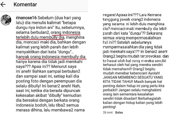 Rina Nose membela Fakhrul Razi yang menghina Instagramer di akun Instagramnya. (Istimewa/Instagram)