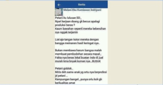 Status Facebook Melani Eka Kurniawan Indriyani dianggap banyak netizen menghina petani. (Facebook.com- Mas Jenengku Sopo Kusopo)