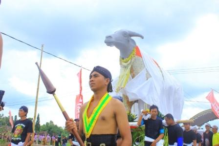 Sejumlah orang membawa Kebo Ketan menuju lapangan Desa Sekarputih, Kecamatan Widodaren, dalam Upacara Kebo Ketan, Minggu (18/12/2016). (Abdul Jalil/JIBI/Madiunpos.com)
