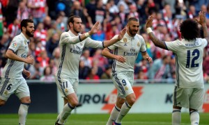 Para pemain Real Madrid merayakan gol. (JIBI/REUTERS/Vincent West)