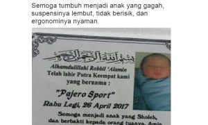 Kicauan tentang bayi bernama Pajero Sport (Twitter @yeahmahasiswa)