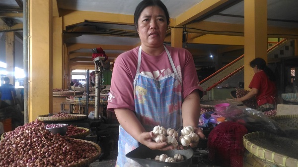 Seorang pedagang di Pasar Beringharjo menunjukkan bawang putih jenis sinco, Jumat (15/6/2017). (Bernadheta Dian Saraswati/JIBI/Harian Jogja)