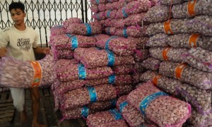 Pekerja mengangkat bawang putih di Pasar Bitingan, Kudus, Jateng, Sabtu (17/6/2017). (JIBI/Solopos/Antara/Yusuf Nugroho)